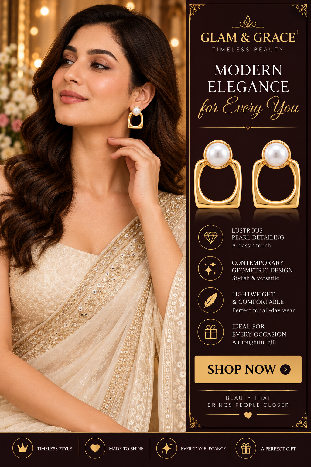 Gold-Tone Pearl Square Hoop Earrings