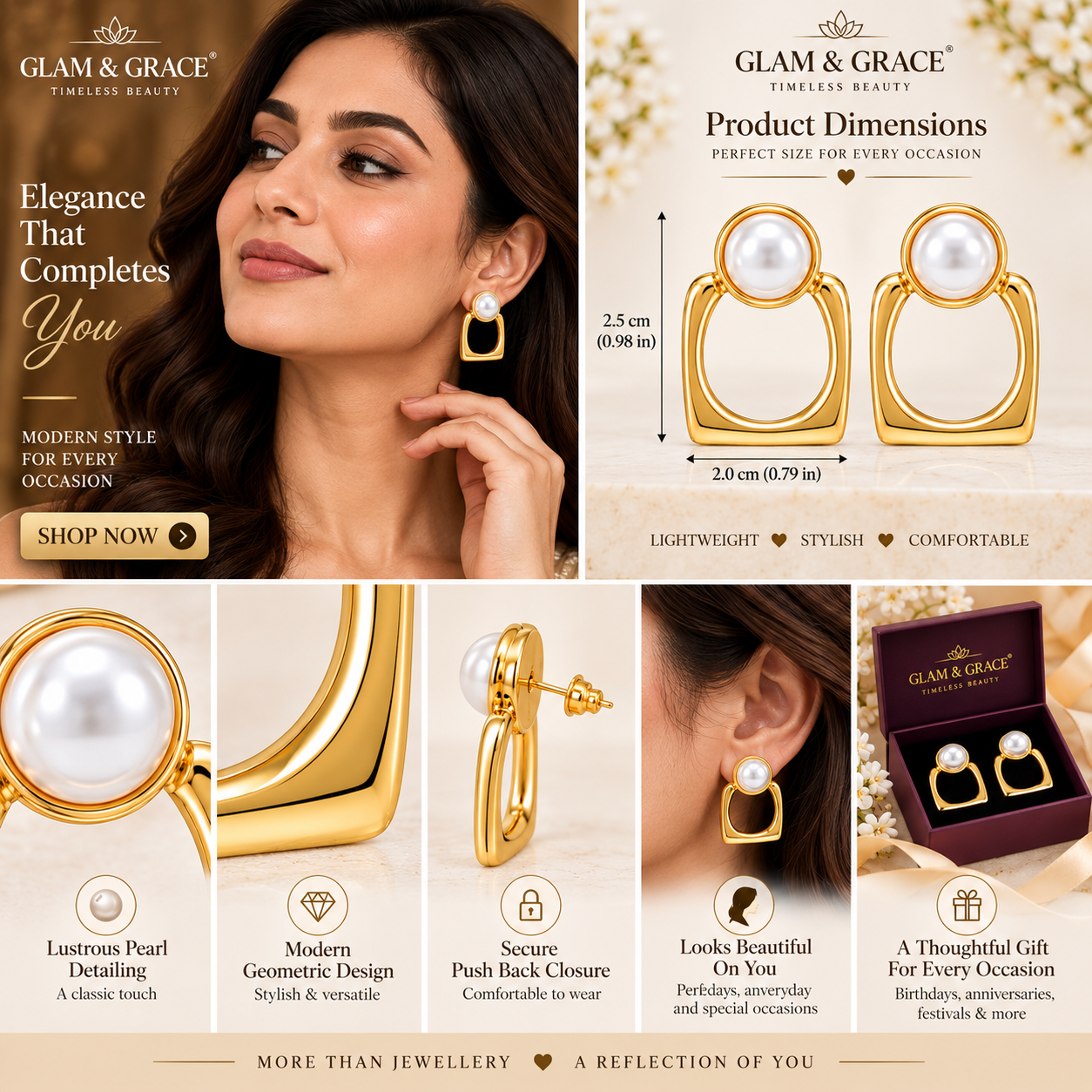 Gold-Tone Pearl Square Hoop Earrings