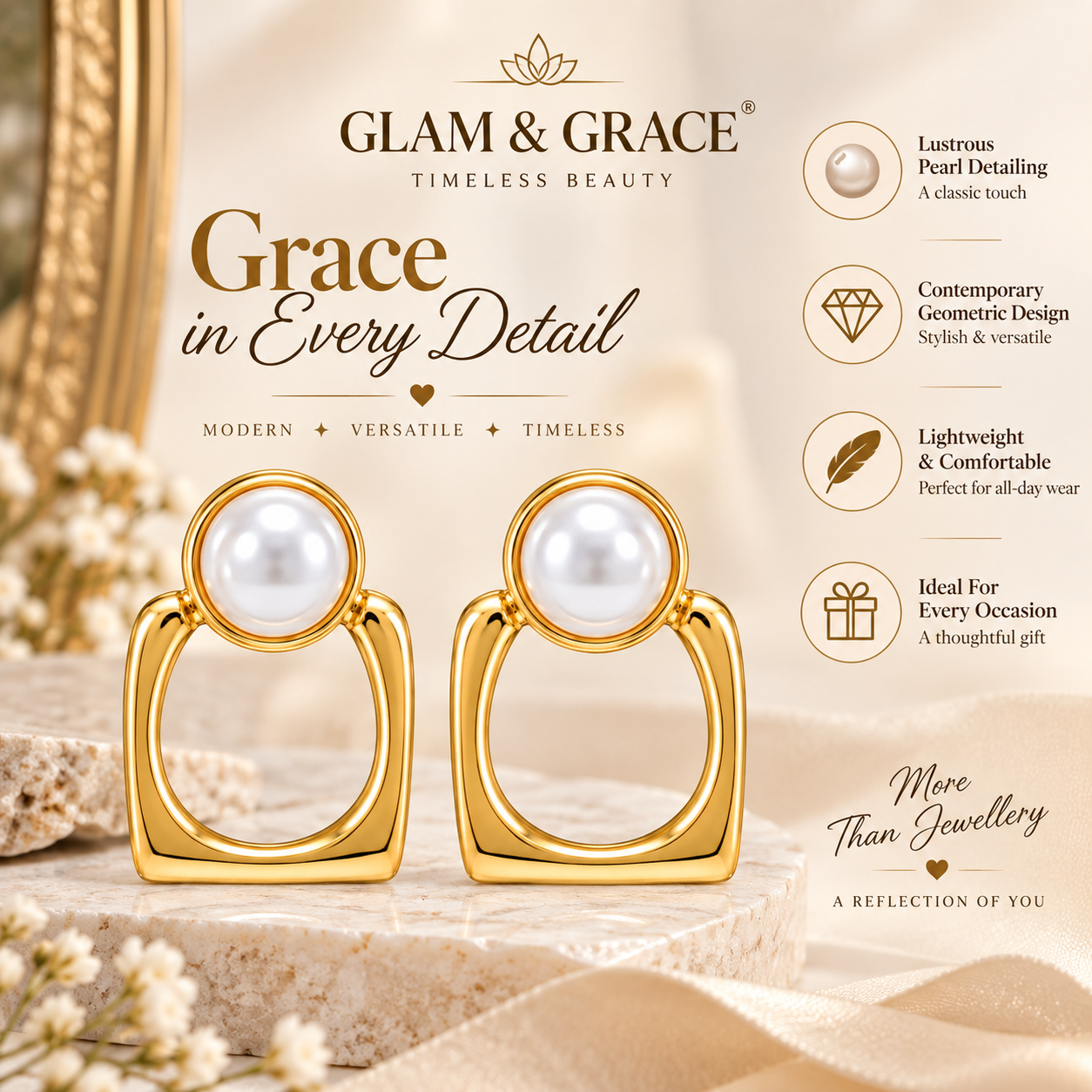 Gold-Tone Pearl Square Hoop Earrings