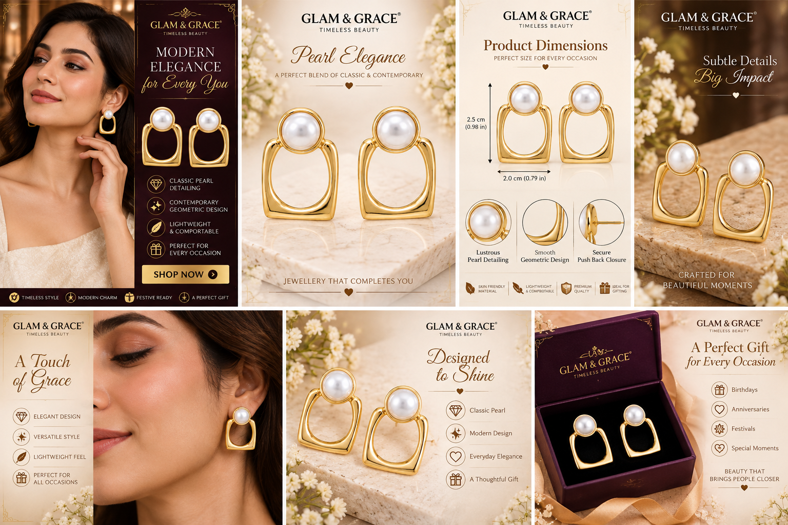 Gold-Tone Pearl Square Hoop Earrings