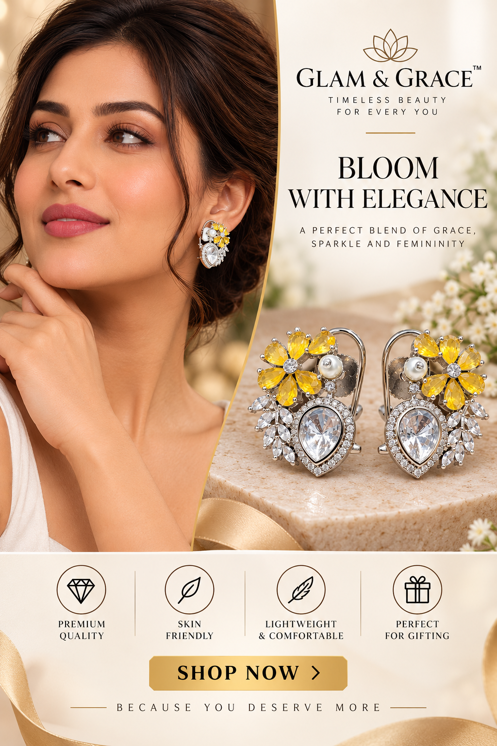 Yellow Floral Crystal Heart Drop Earrings