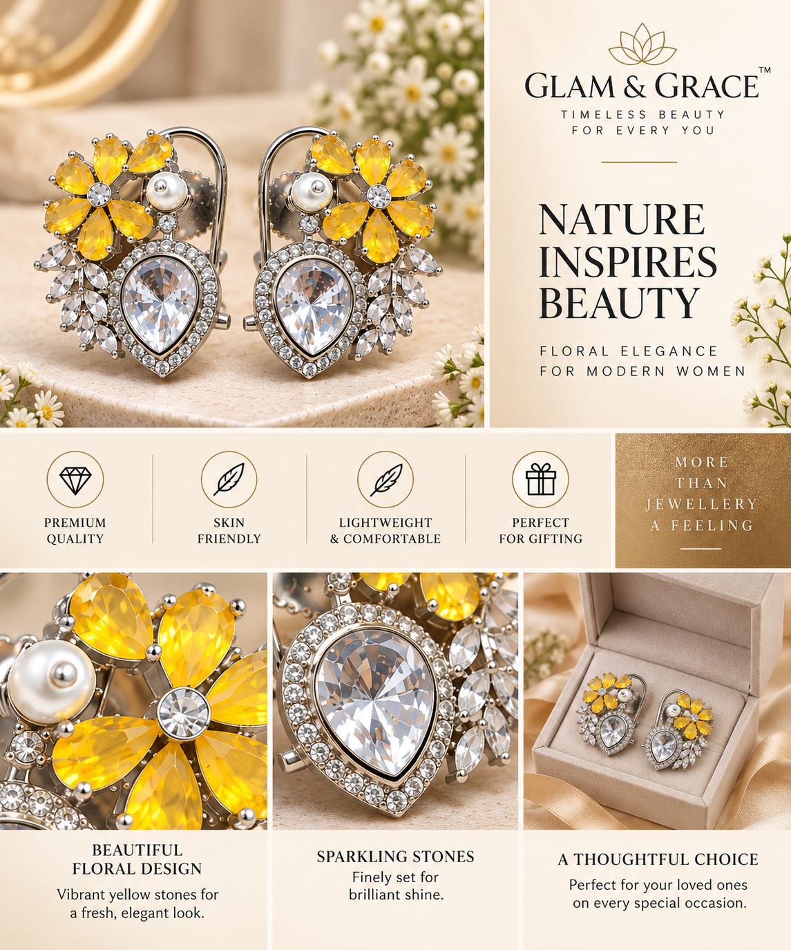 Yellow Floral Crystal Heart Drop Earrings