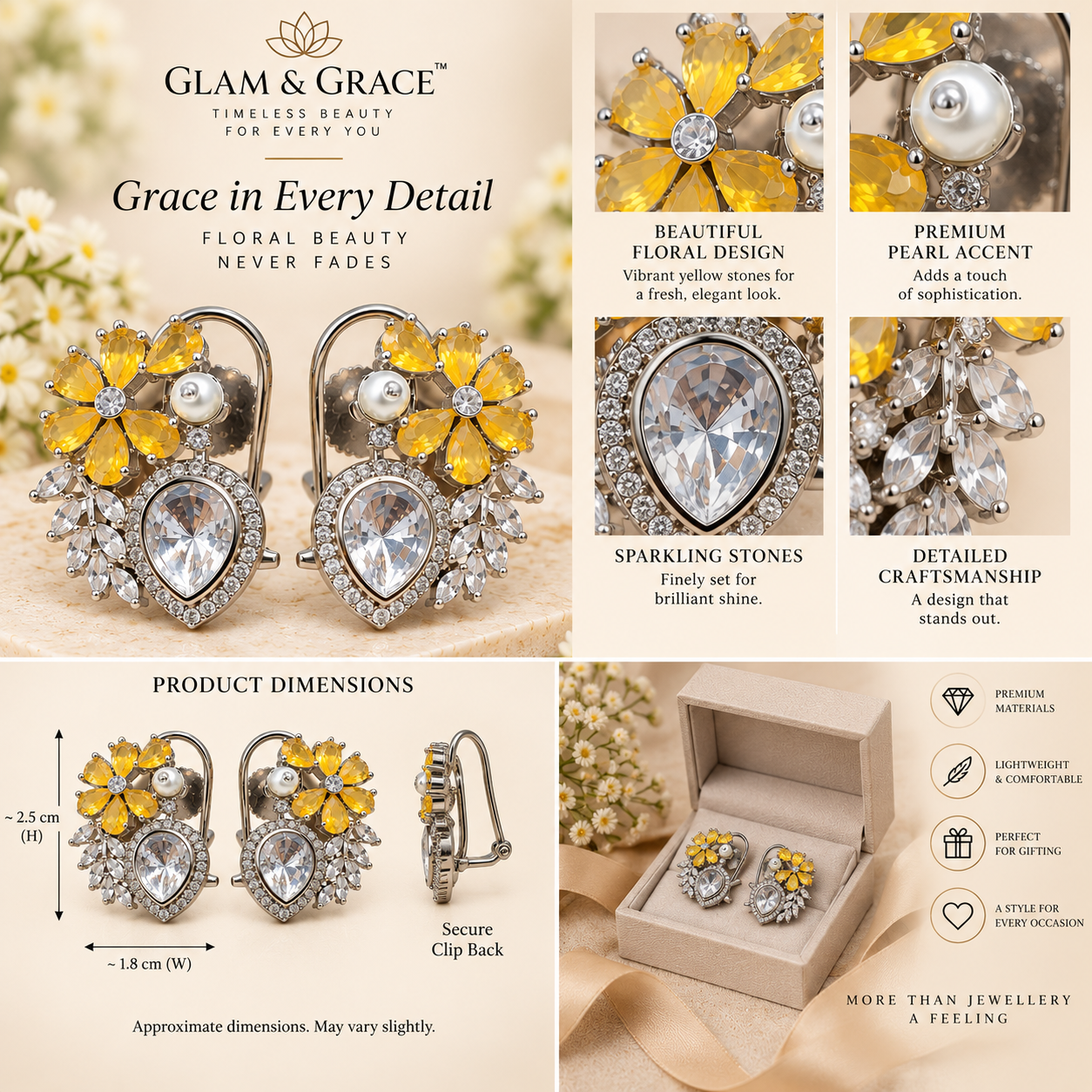 Yellow Floral Crystal Heart Drop Earrings