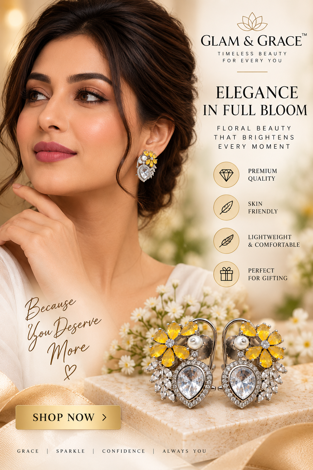 Yellow Floral Crystal Heart Drop Earrings