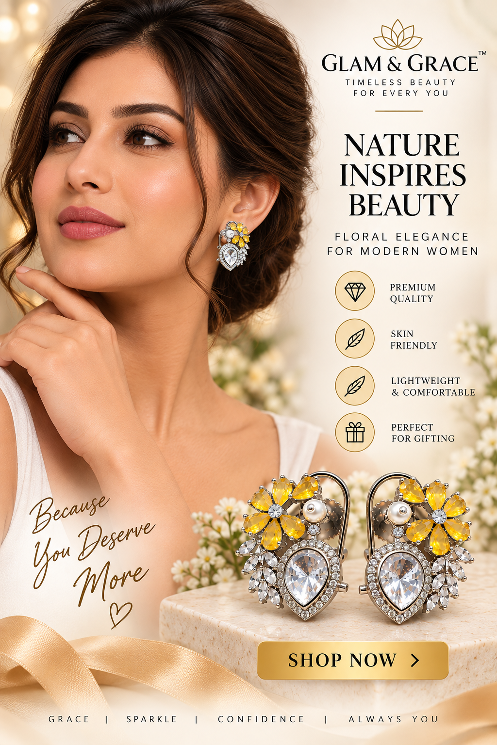 Yellow Floral Crystal Heart Drop Earrings