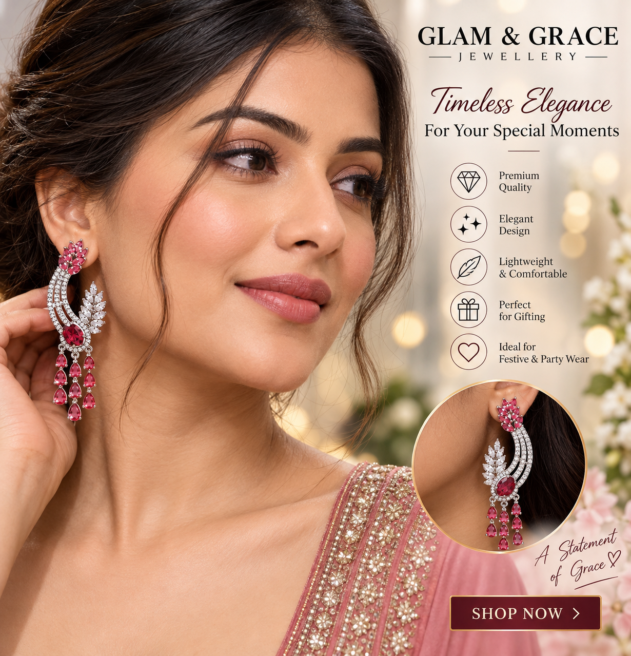 Pink & Silver Crystal Statement Drop Earrings