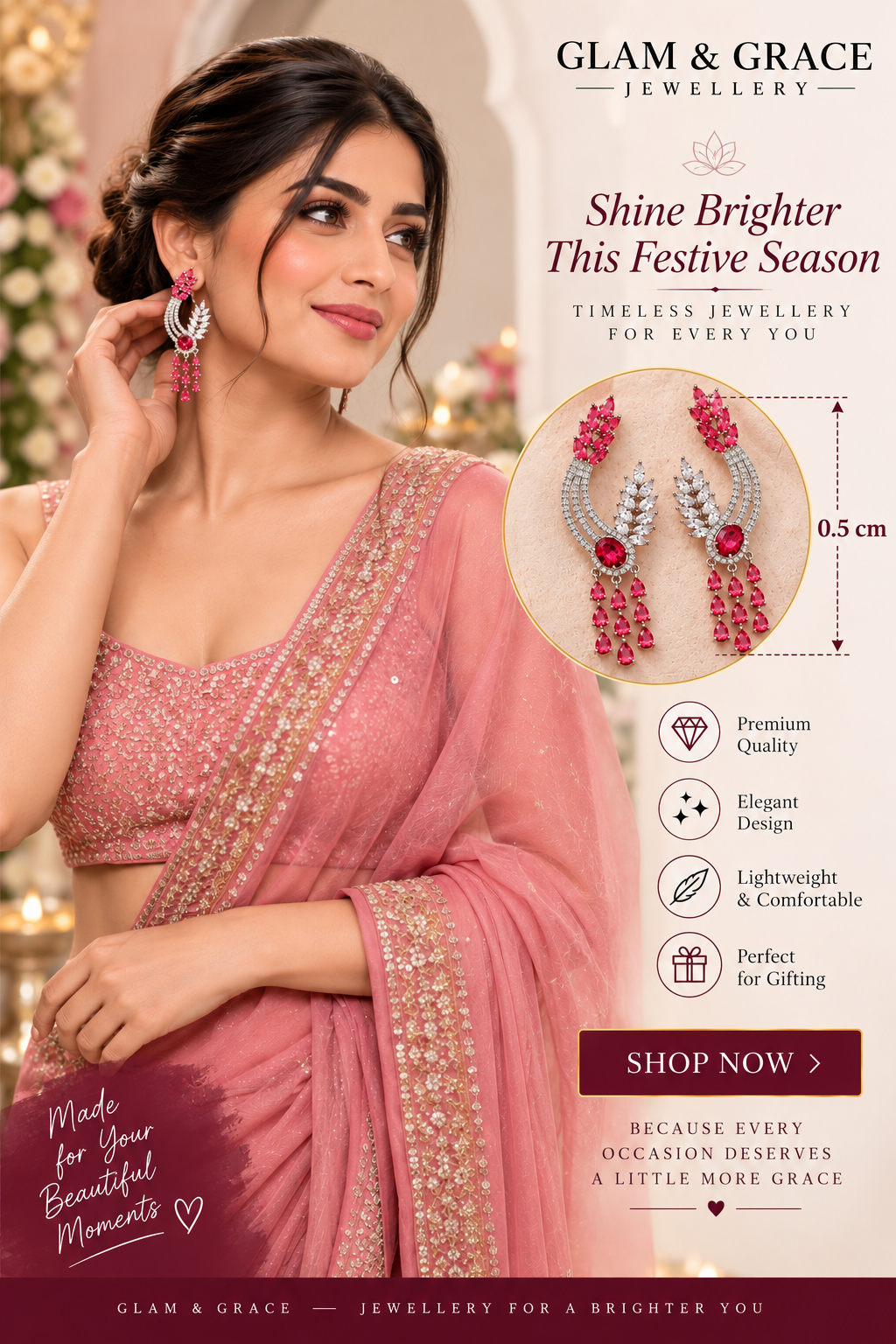 Pink & Silver Crystal Statement Drop Earrings