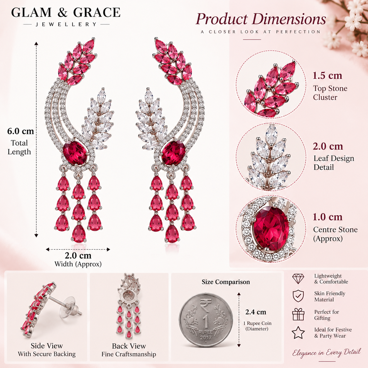 Pink & Silver Crystal Statement Drop Earrings