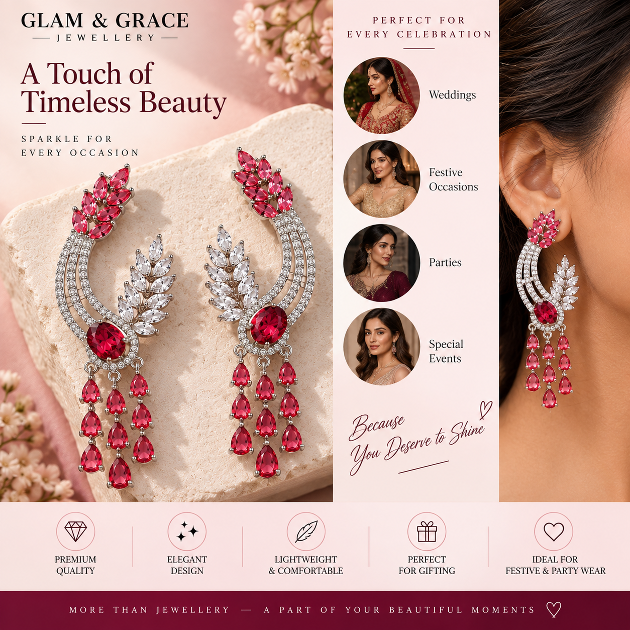 Pink & Silver Crystal Statement Drop Earrings