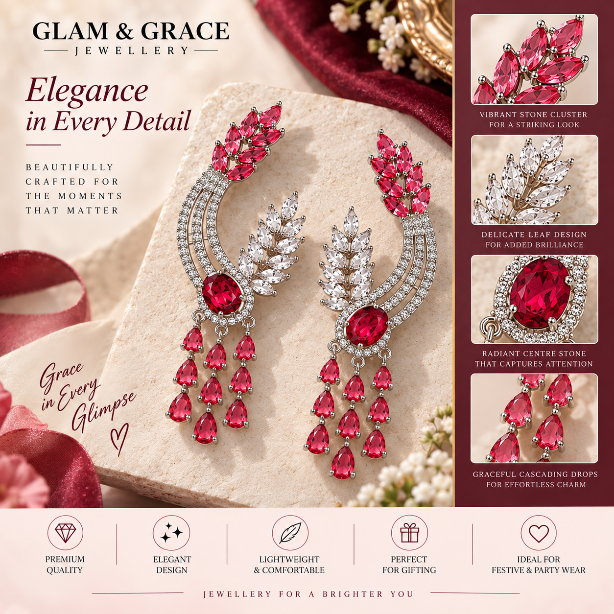 Pink & Silver Crystal Statement Drop Earrings