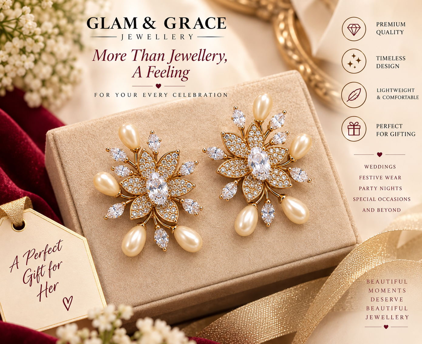 Gold-Tone Floral Pearl Drop Earrings