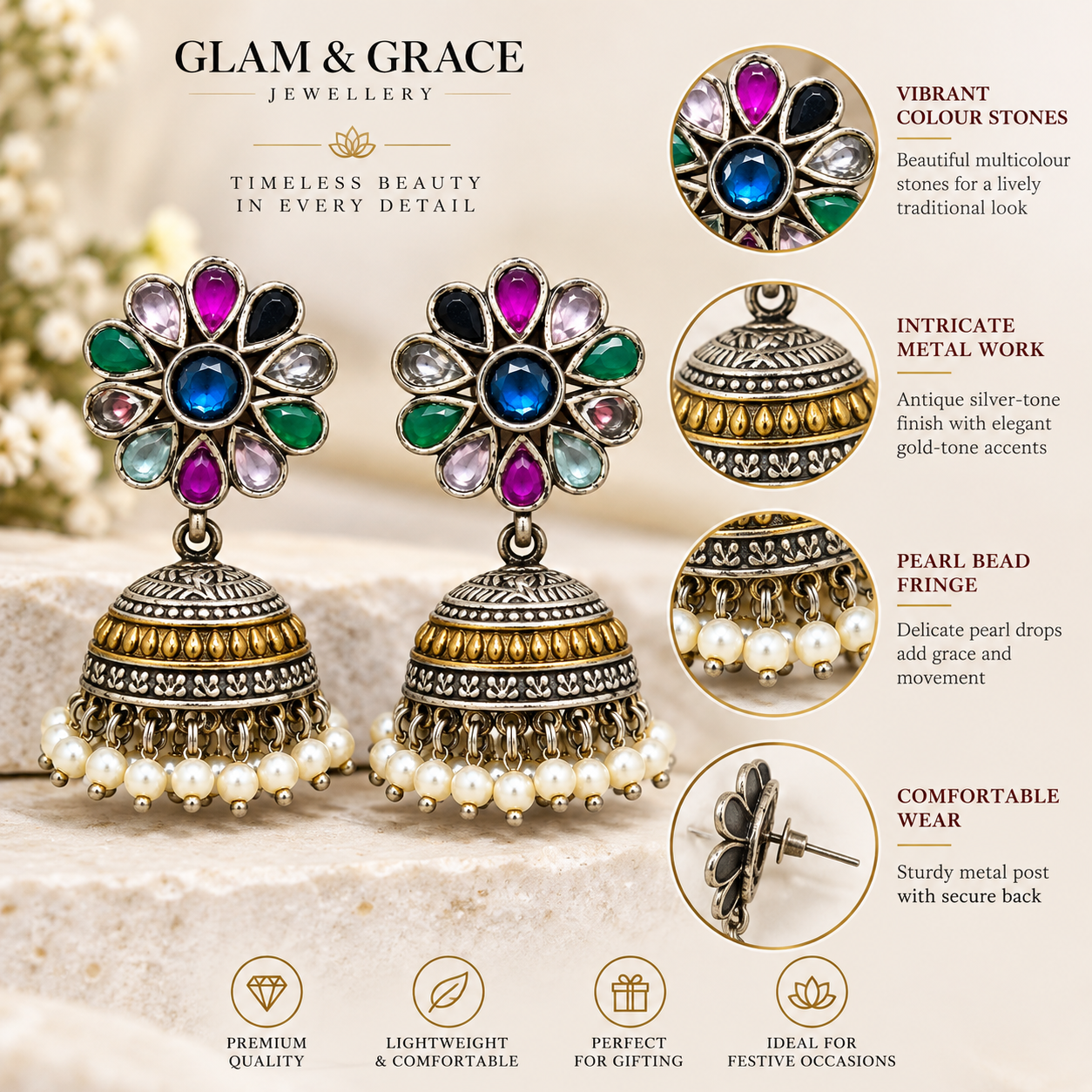 Multicolour Kundan-Style Jhumka Earrings