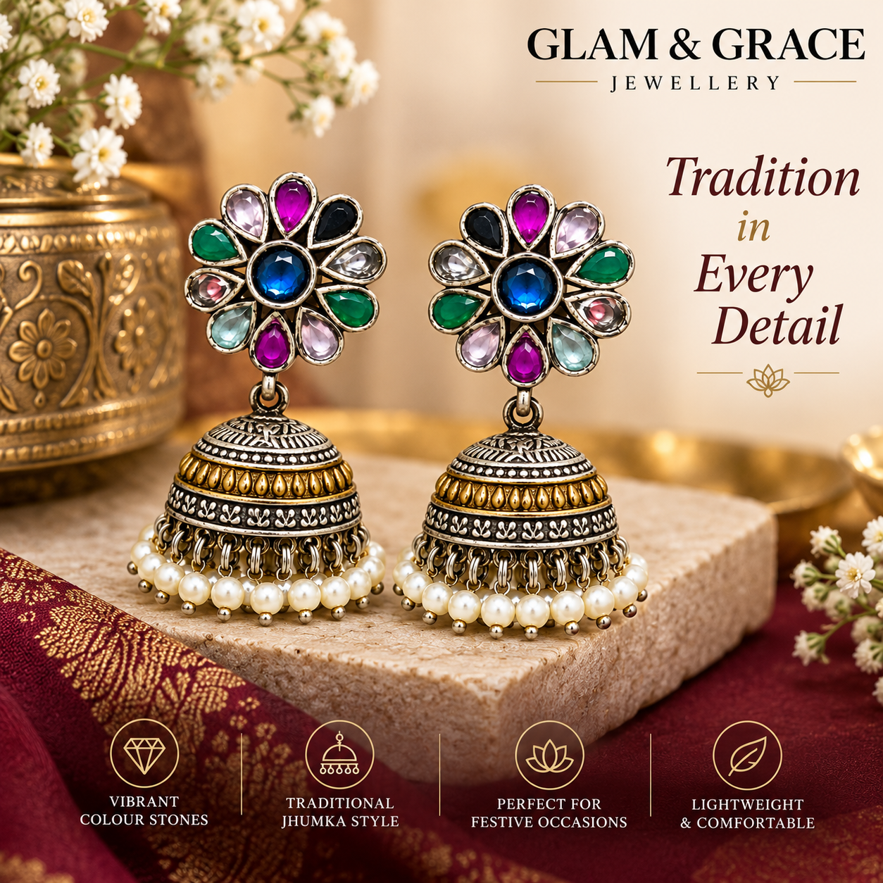 Multicolour Kundan-Style Jhumka Earrings
