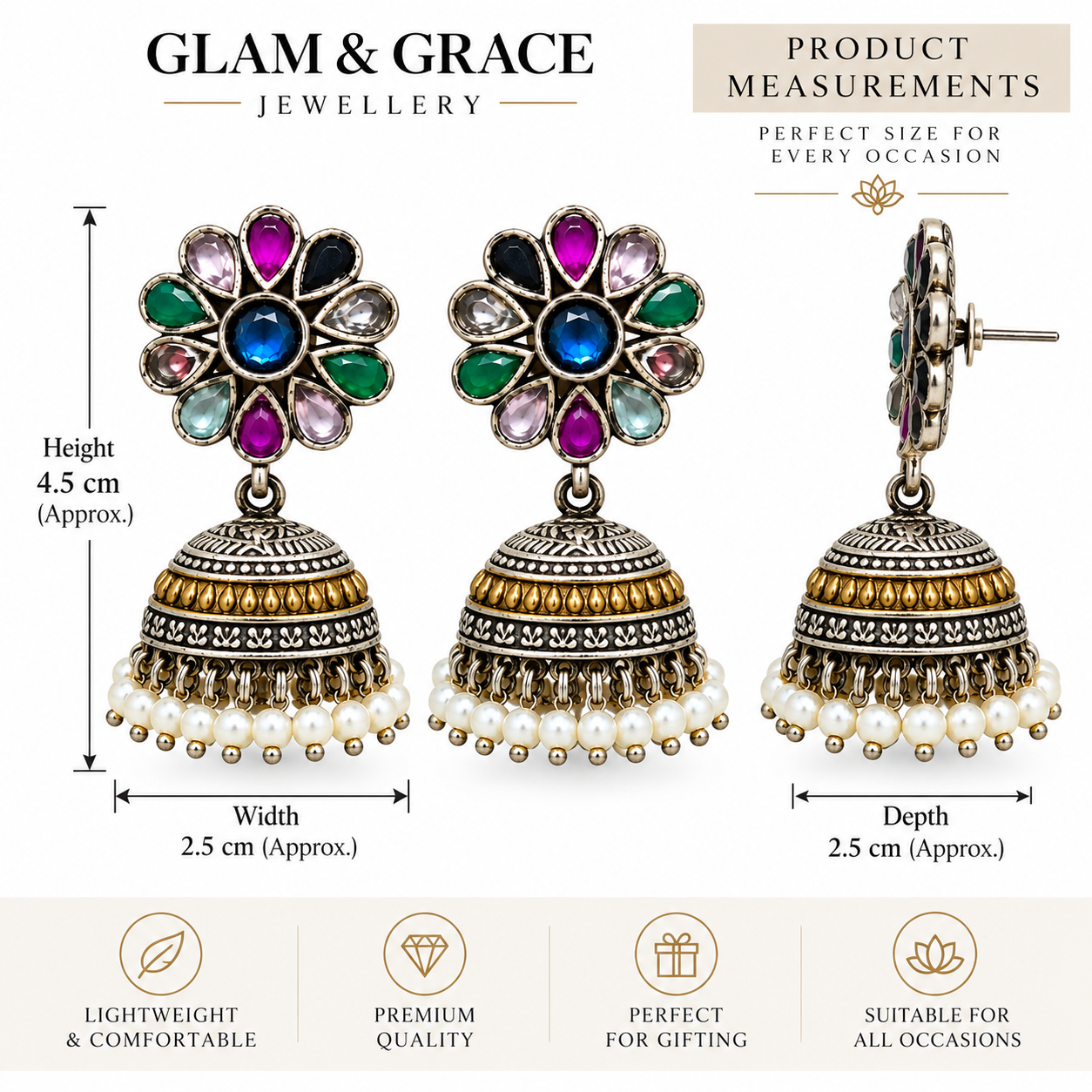 Multicolour Kundan-Style Jhumka Earrings