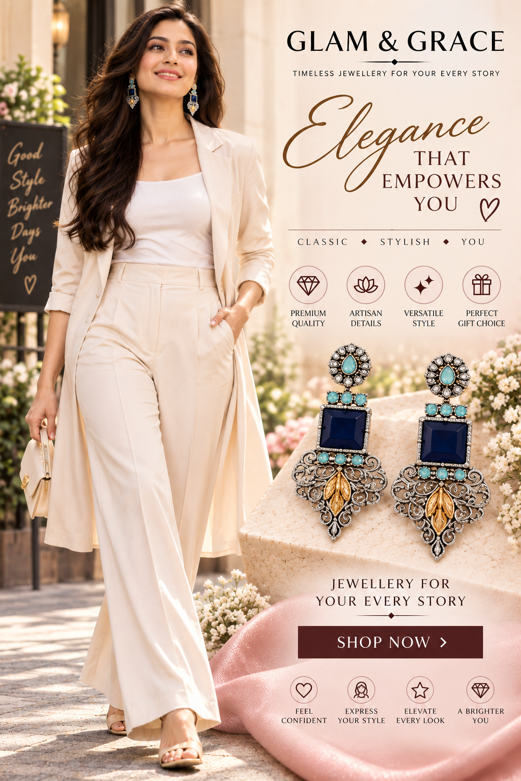 Blue Stone Antique Silver-Tone Statement Earrings