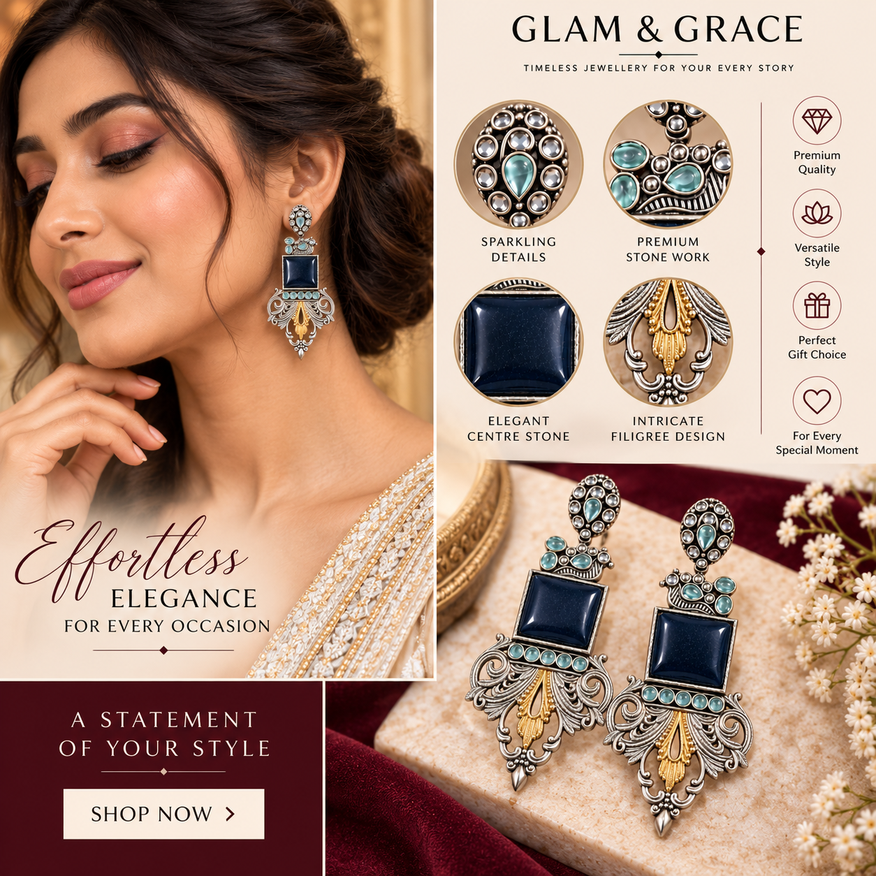Blue Stone Antique Silver-Tone Statement Earrings