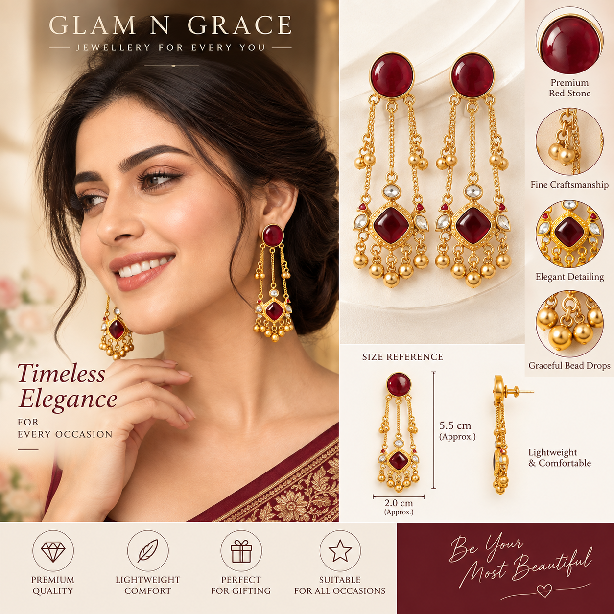 GLAM & GRACE Red Stone Long Drop Earrings with Beaded Dangle Detailing