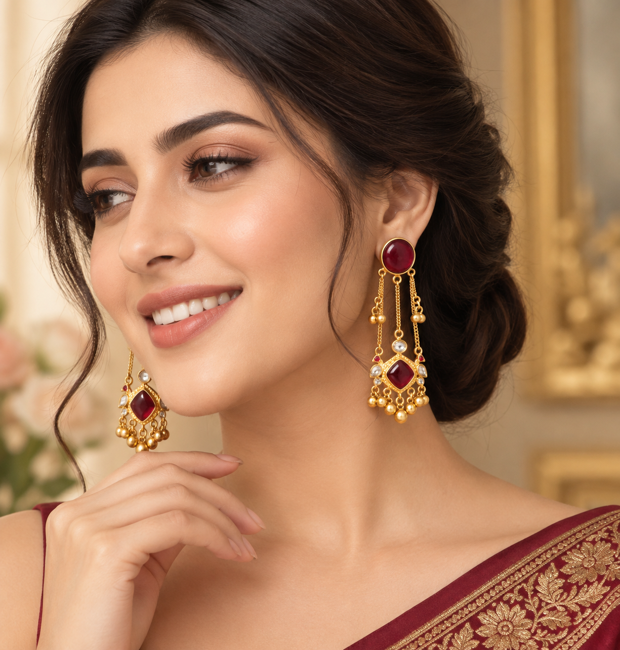 GLAM & GRACE Red Stone Long Drop Earrings with Beaded Dangle Detailing