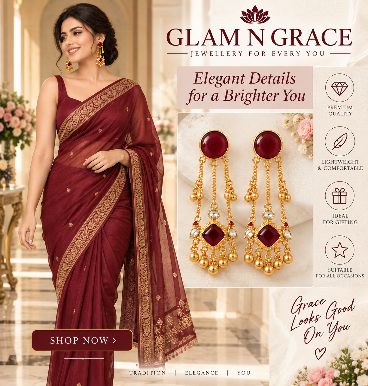 GLAM & GRACE Red Stone Long Drop Earrings with Beaded Dangle Detailing