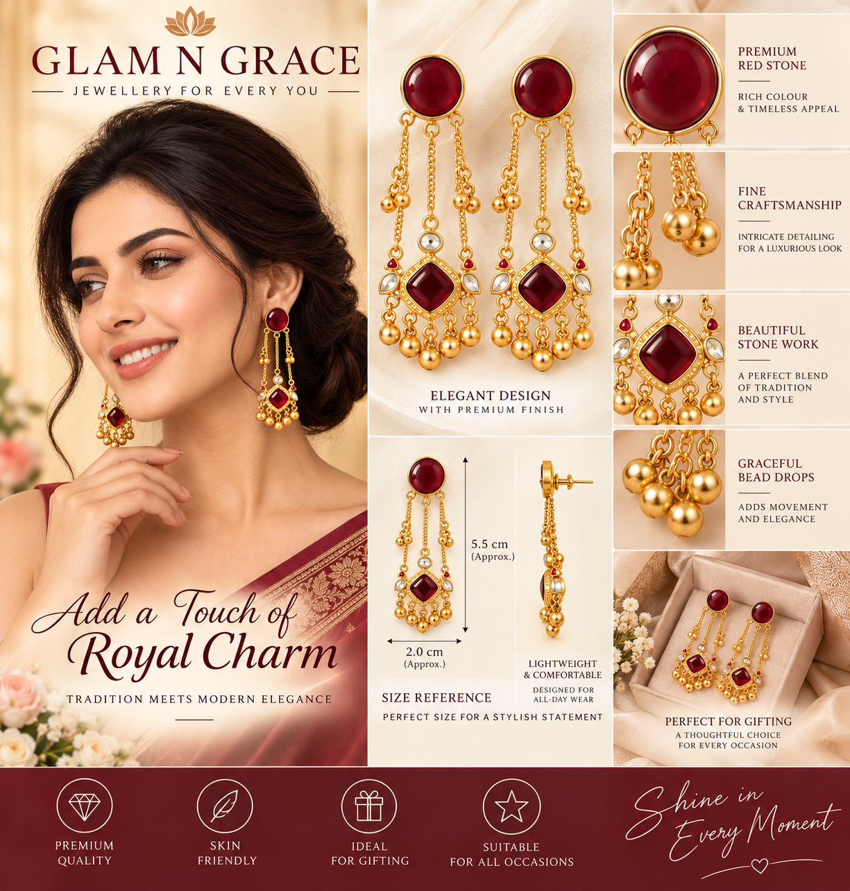 GLAM & GRACE Red Stone Long Drop Earrings with Beaded Dangle Detailing