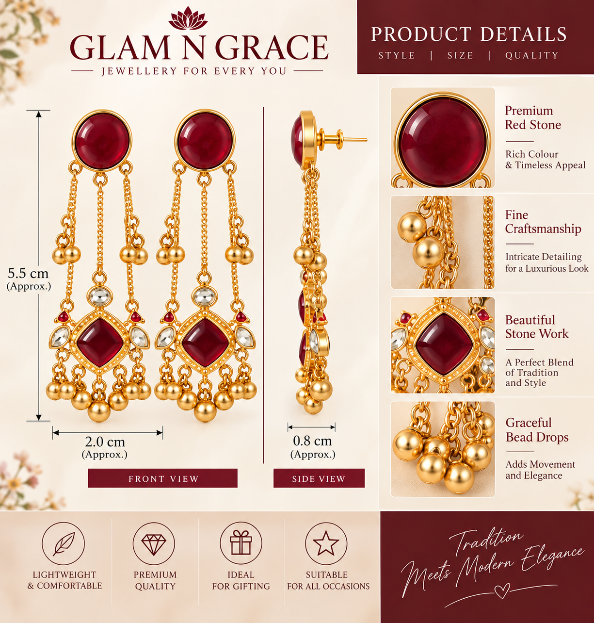 GLAM & GRACE Red Stone Long Drop Earrings with Beaded Dangle Detailing