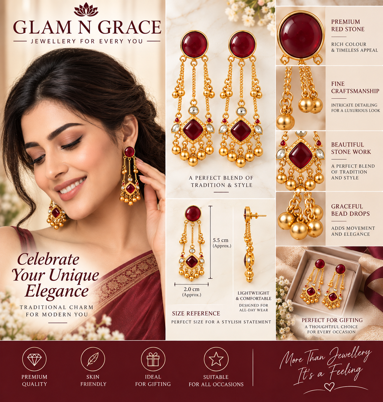 GLAM & GRACE Red Stone Long Drop Earrings with Beaded Dangle Detailing