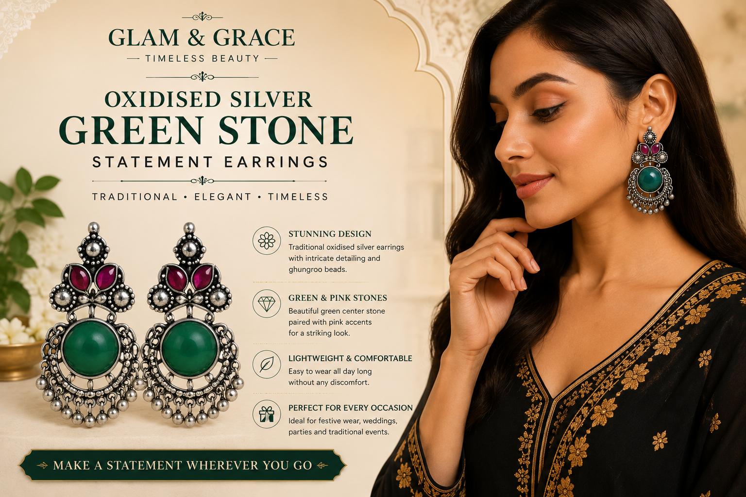 GLAM & GRACE Green Stone Oxidised Silver-Tone Long Drop Earrings
