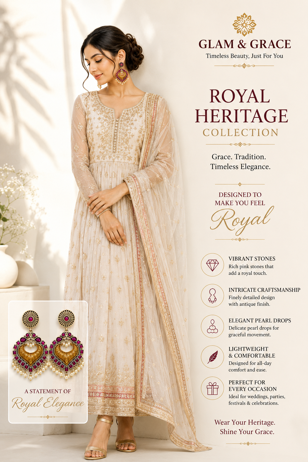 GLAM & GRACE Pink Stone Gold-Tone Chandbali Earrings with Pearl Drops