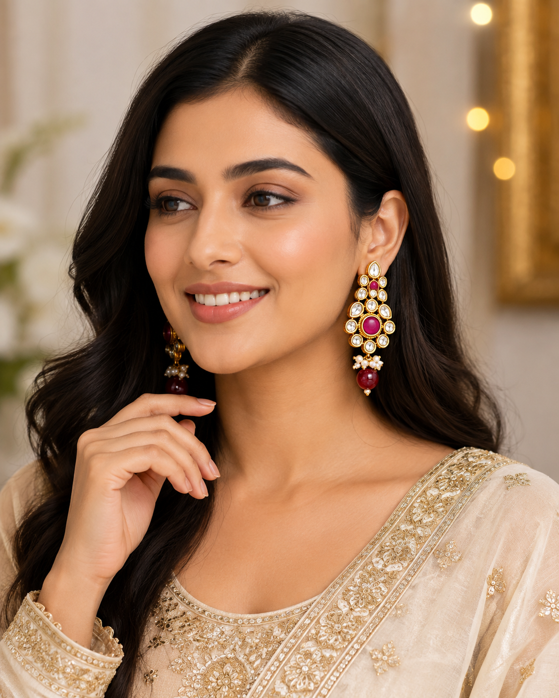 Gold-Tone Pink Stone Floral Pearl Earrings