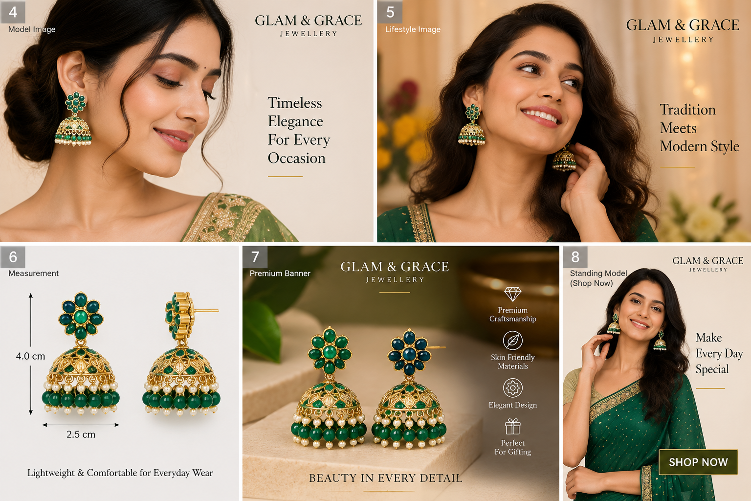 Gold-Tone Green Enamel Pearl Jhumka Earrings