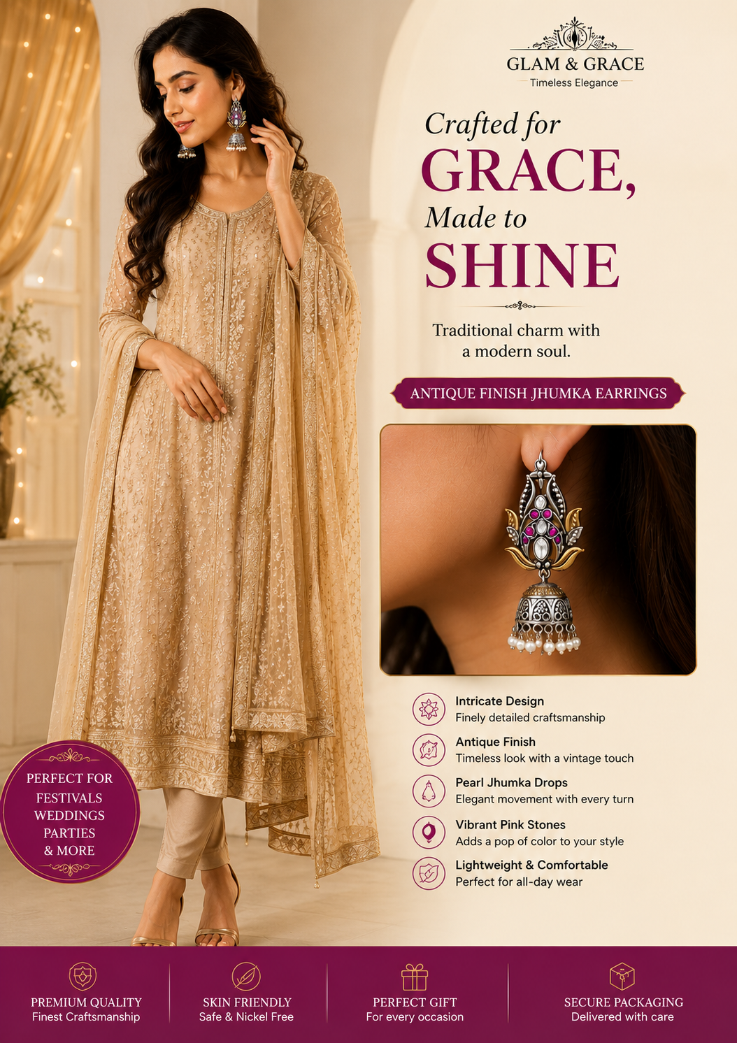 GLAM & GRACE Pink Stone Floral Jhumka Earrings with Pearl Drops