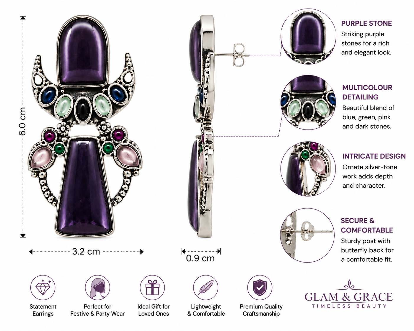 Silver-Tone Purple Multicolour Statement Earrings