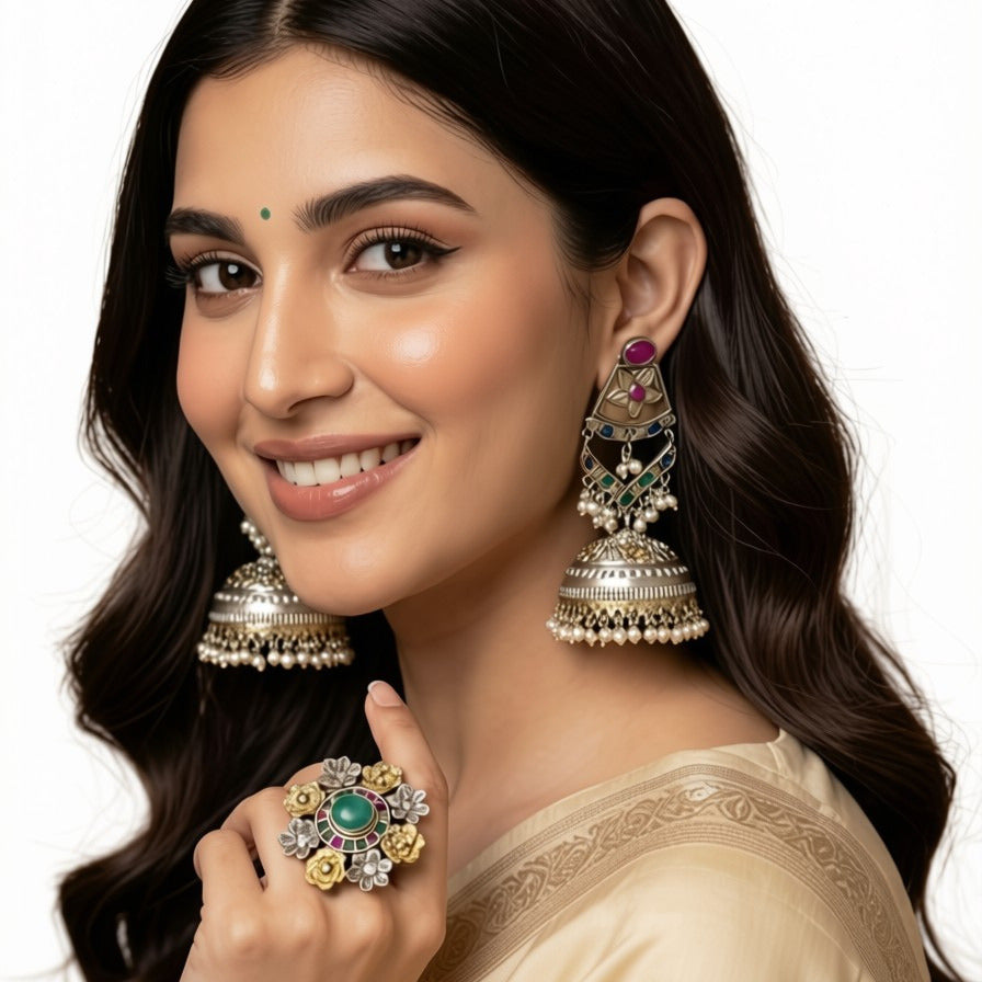 Traditional Oxidised Gold-Tone Jhumka Earrings with Multicolour Stones & Pearl Drops for Women  Product Description