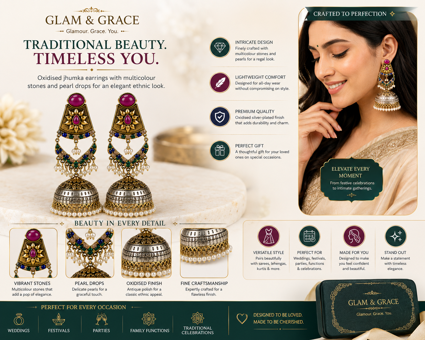 Traditional Oxidised Gold-Tone Jhumka Earrings with Multicolour Stones & Pearl Drops for Women  Product Description