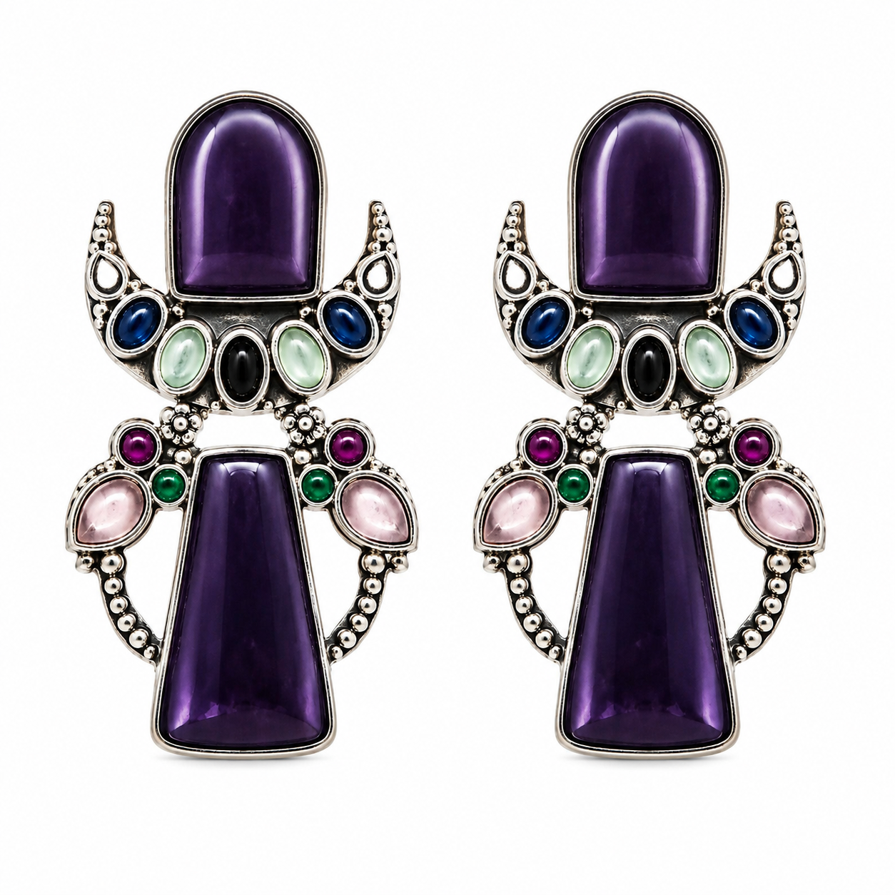 Silver-Tone Purple Multicolour Statement Earrings