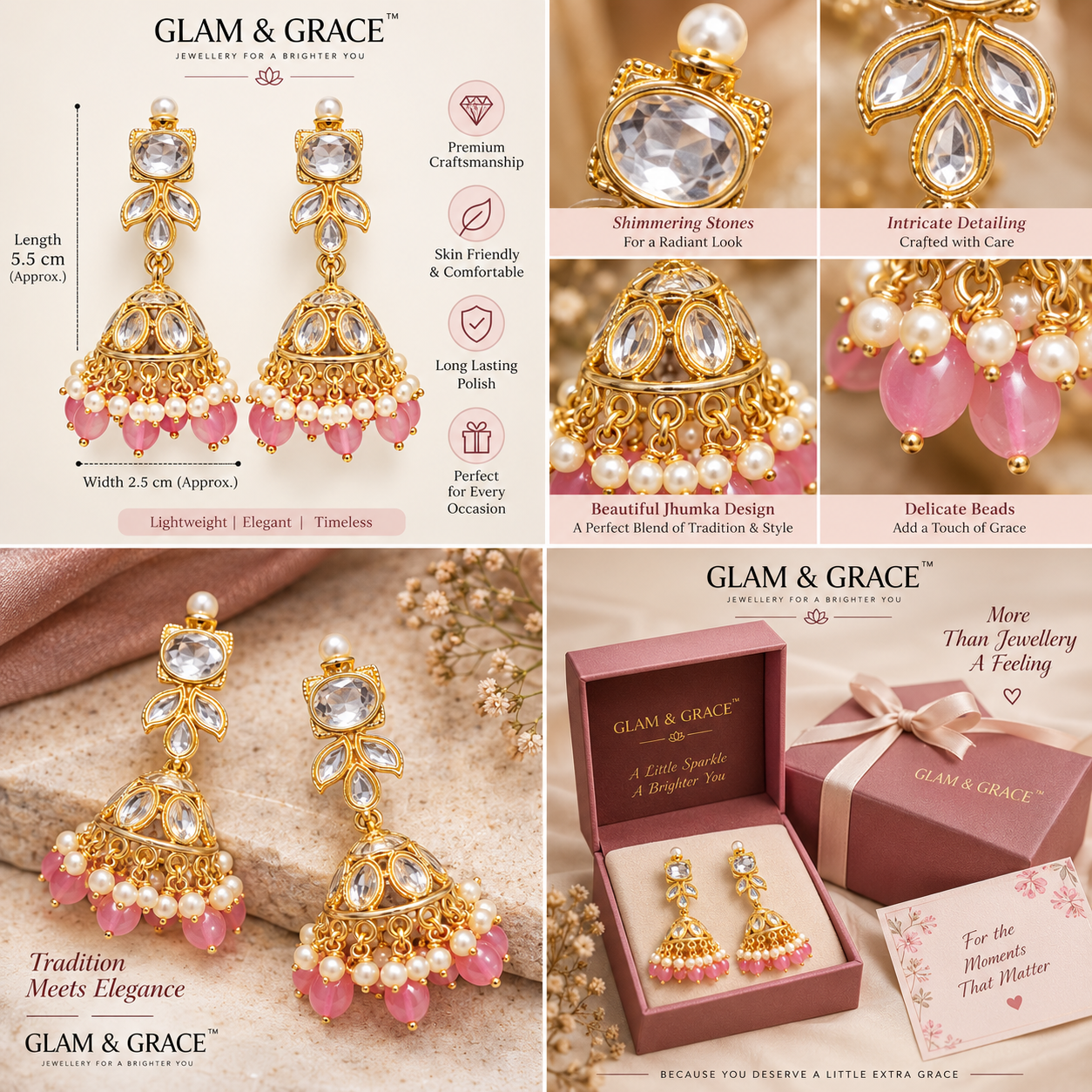 Gold-Tone Pink Stone Jhumka Earrings