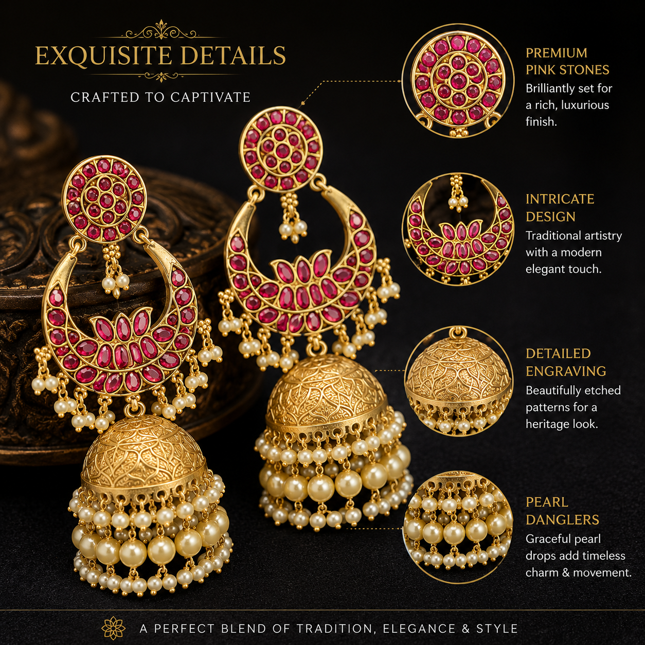 GLAM & GLITZ Gold-Tone Red Stone Kundan Jhumka Earrings with Pearl Drops for Women