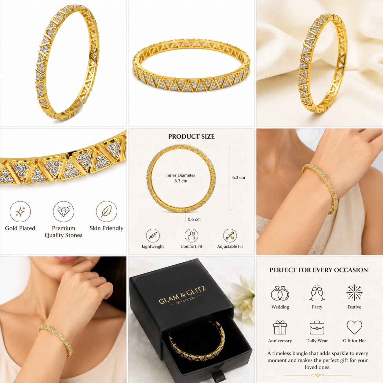 Elegant Gold-Tone Crystal Bangle with Geometric Design