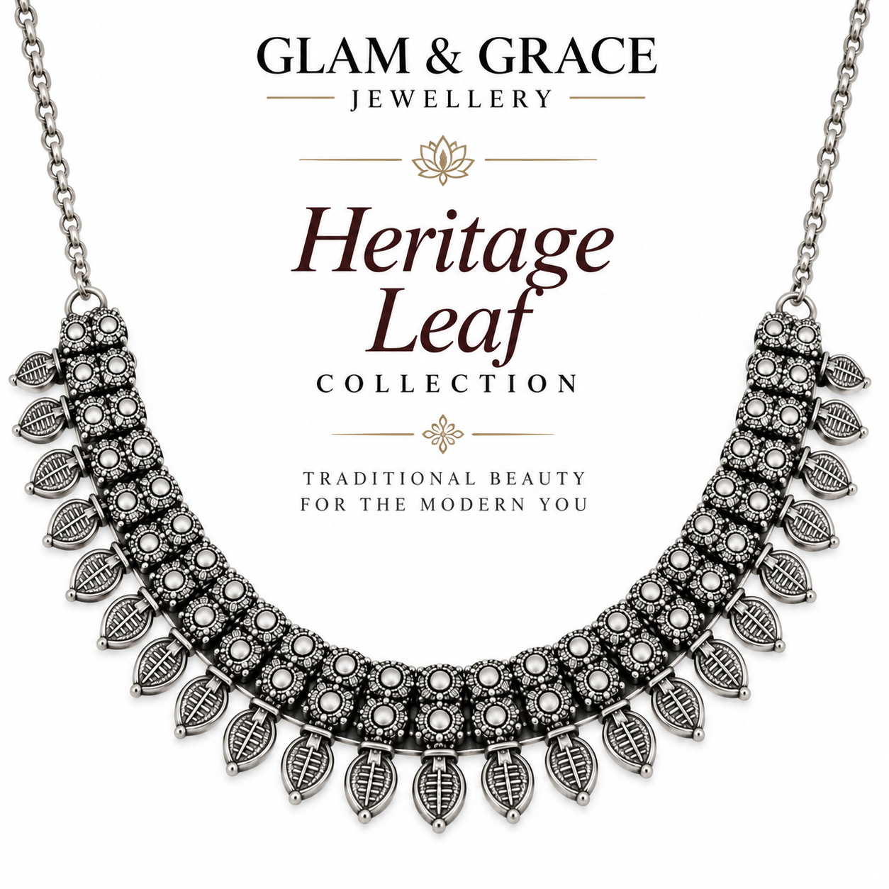 Oxidised Silver-Tone Leaf Design Statement Necklace