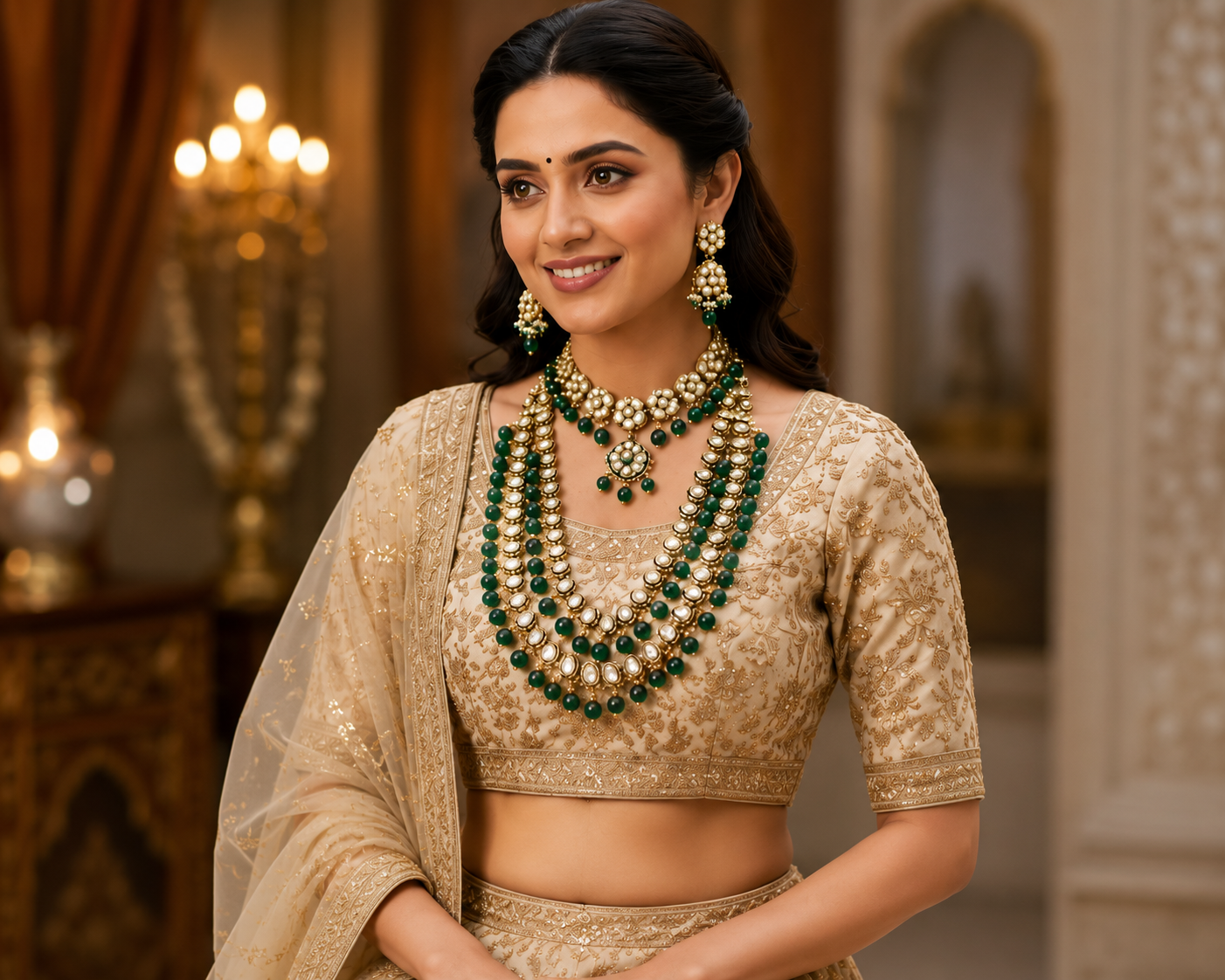 Royal Gold-Tone Layered Kundan-Style Necklace Set with Green Beads & Jhumka Earrings