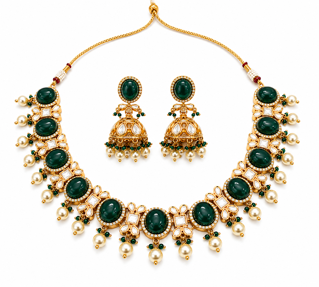 Elegant Gold-Tone Green Stone Necklace Set with Pearl Drops & Matching Jhumka Earrings