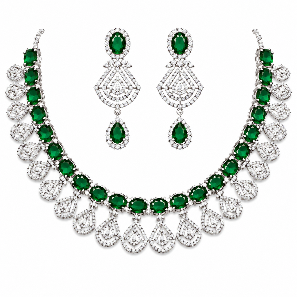 Luxury Silver-Tone Green Stone Statement Necklace Set with Matching Drop Earrings