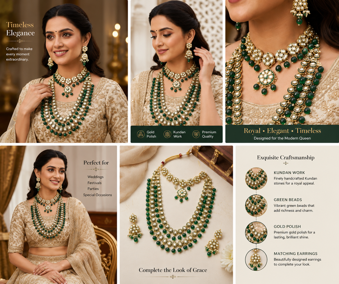 Royal Gold-Tone Layered Kundan-Style Necklace Set with Green Beads & Jhumka Earrings