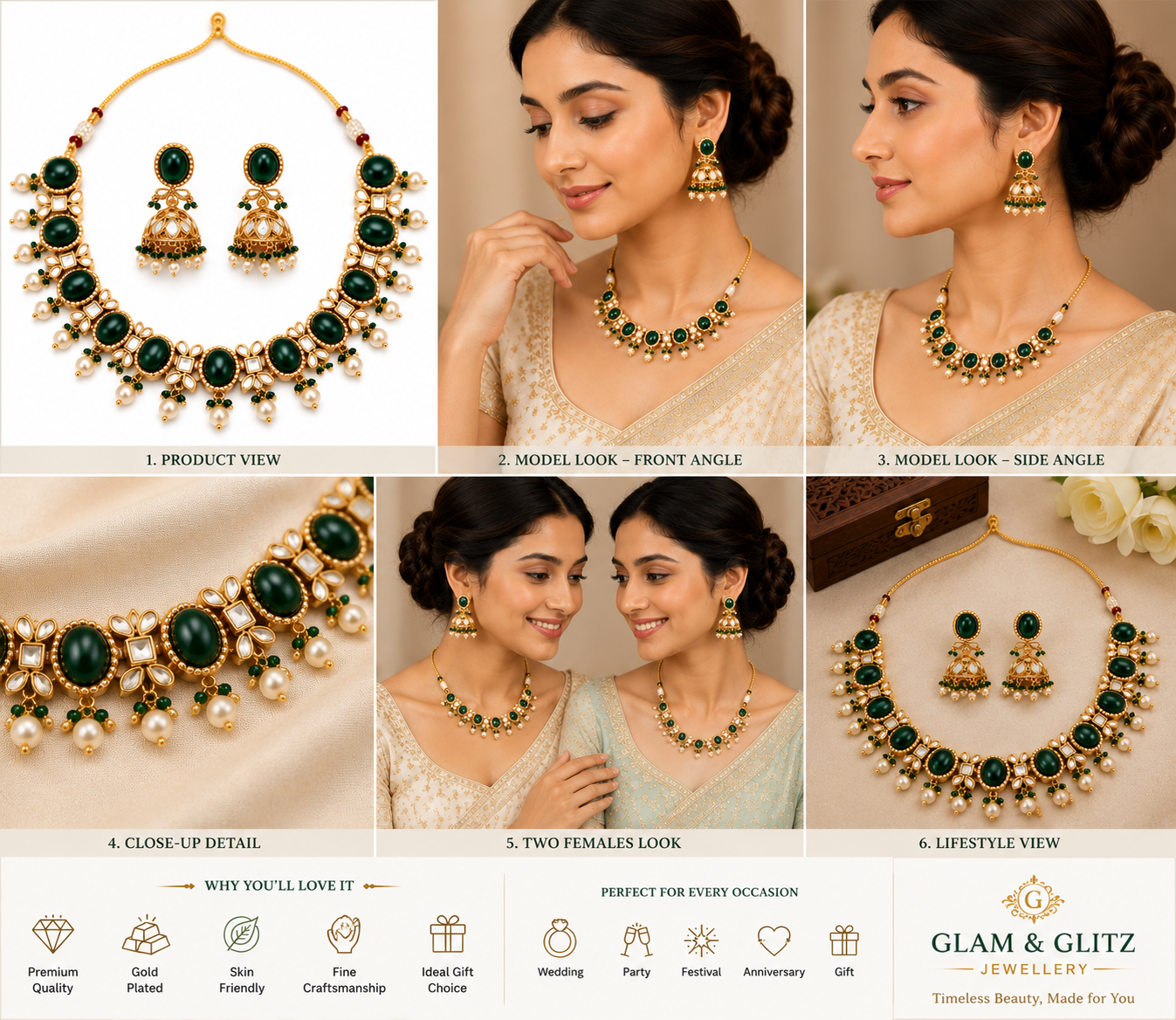 Elegant Gold-Tone Green Stone Necklace Set with Pearl Drops & Matching Jhumka Earrings