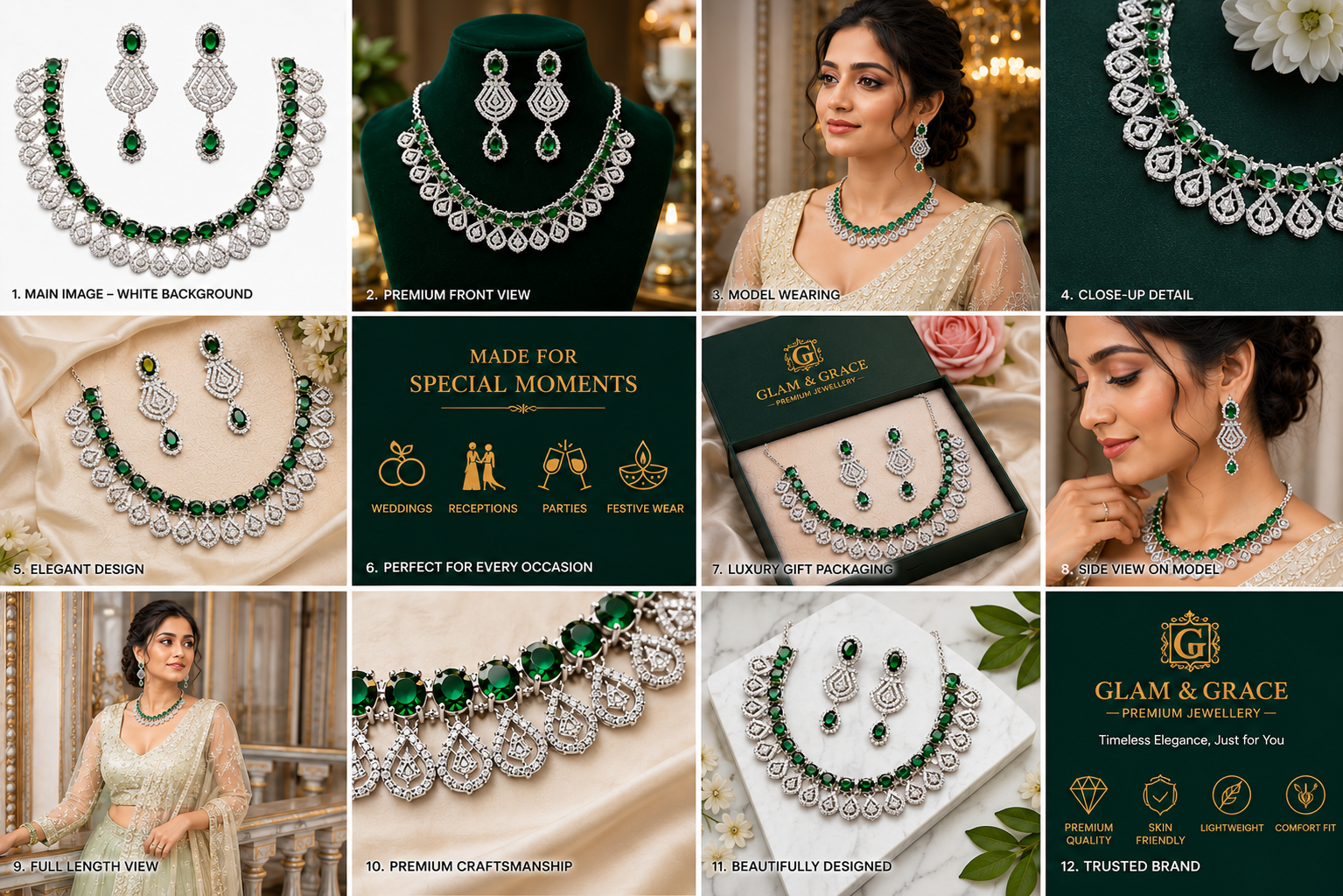 Luxury Silver-Tone Green Stone Statement Necklace Set with Matching Drop Earrings