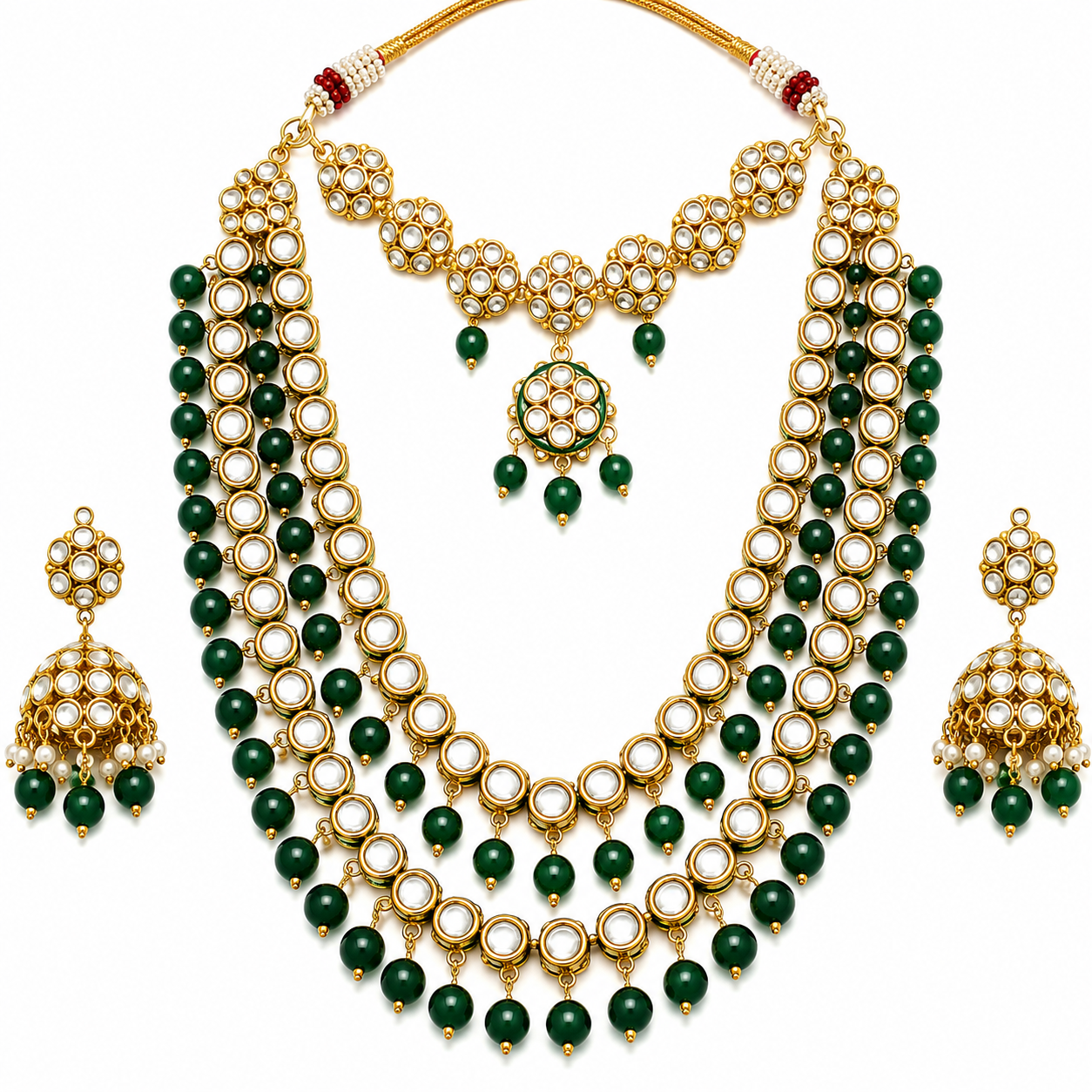 Royal Gold-Tone Layered Kundan-Style Necklace Set with Green Beads & Jhumka Earrings