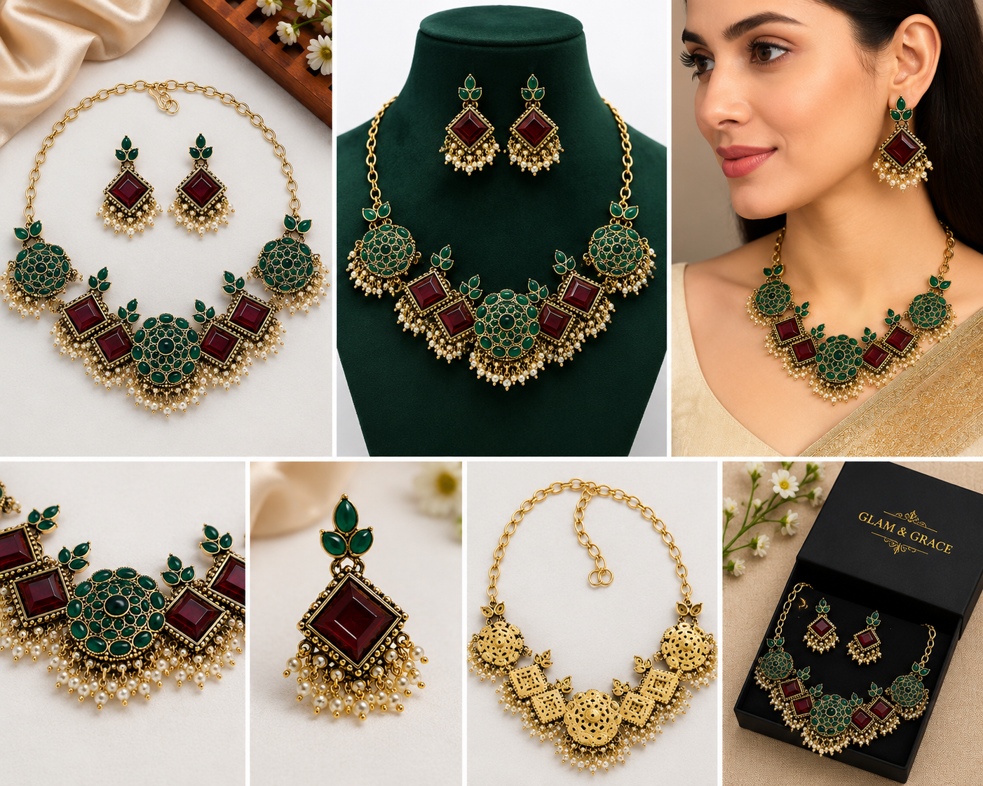 Elegant Gold-Tone Green Stone Necklace Set with Pearl Drops & Matching Jhumka Earrings