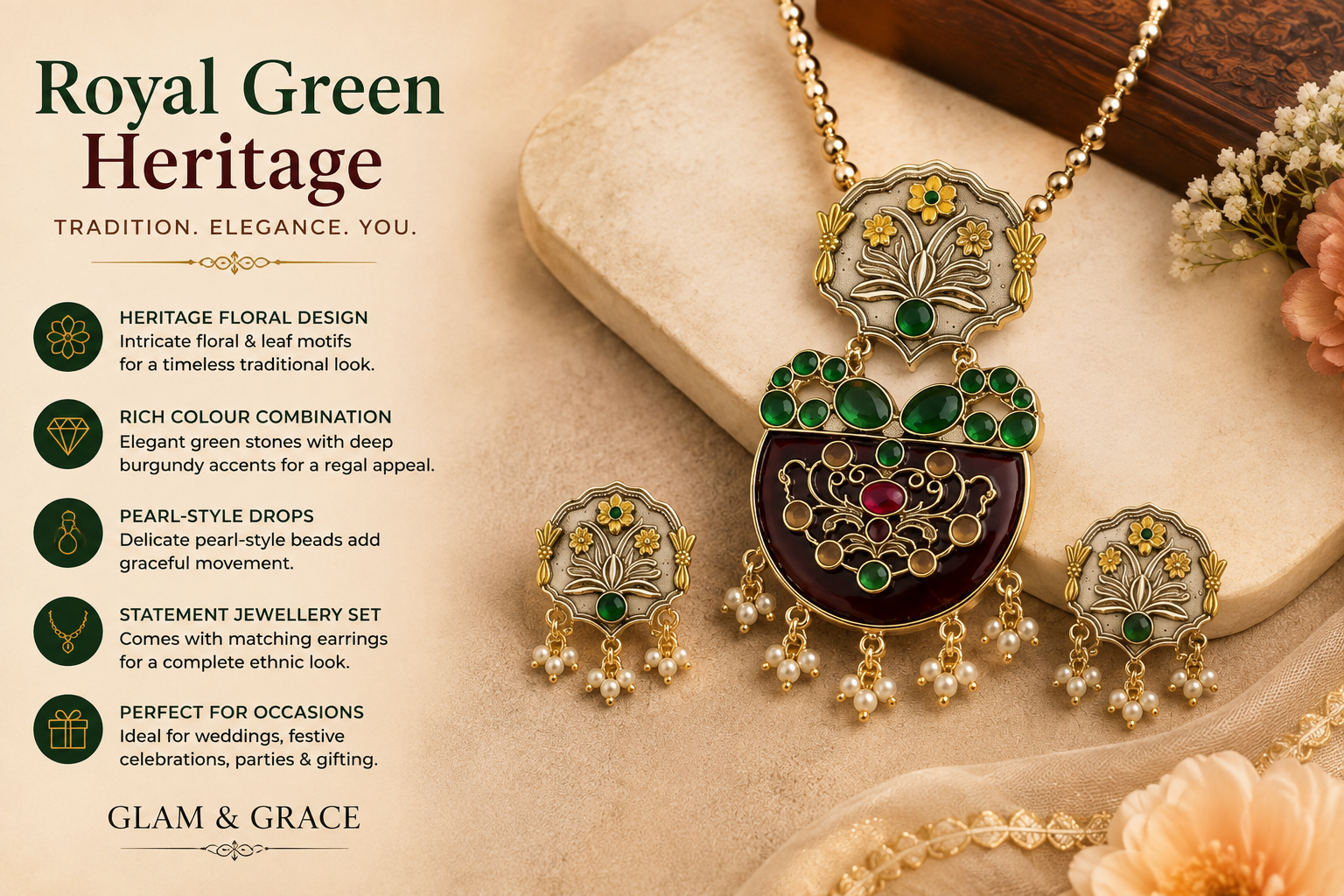 Antique-Inspired Green & Maroon Statement Necklace & Earrings Set