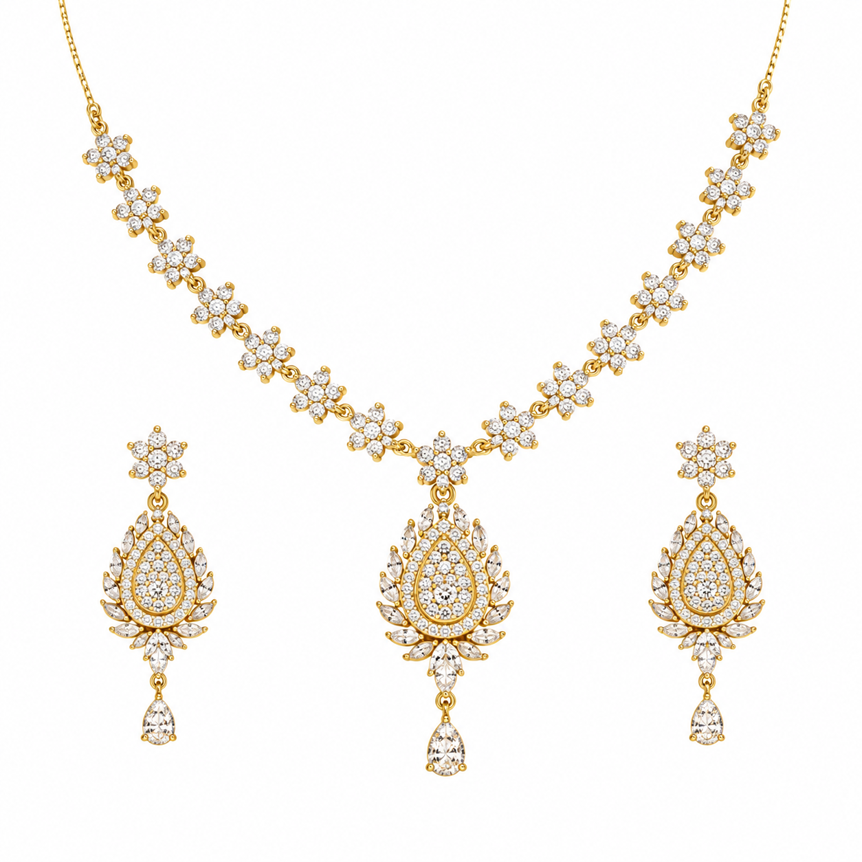 Elegant Gold-Tone Floral Necklace Set with Clear Stones & Teardrop Pendant