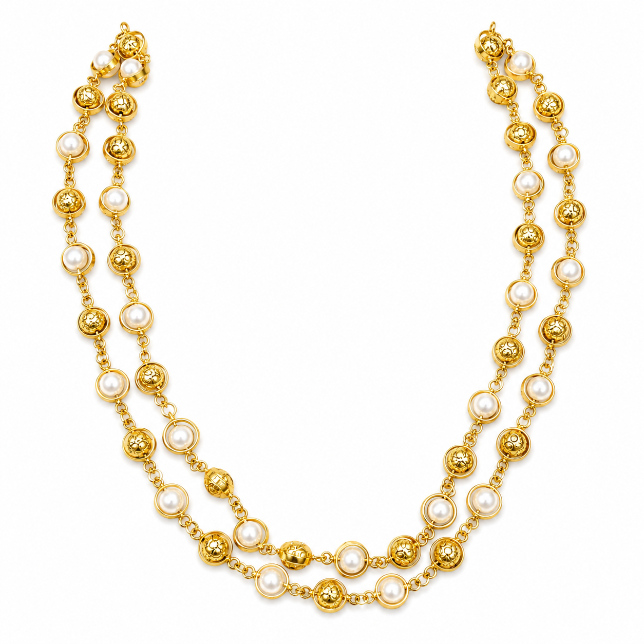Double-Strand Pearl & Gold-Tone Beaded Necklace